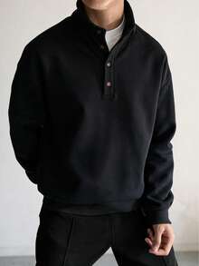 Men's Solid Color Stand Collar Half Button Polo Sweatshirt Black Henley Neck Stand Collar Autumn/Winter Casual Long Sleeve Pullover Top - Black - View 4