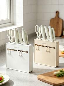 1set Cream Style Kitchen Knife Block With Side Hooks, Countertop Multi-Functional Knife & Scissor Holder, Kitchen Utensil Storage Organizer - Multicolor - View 2