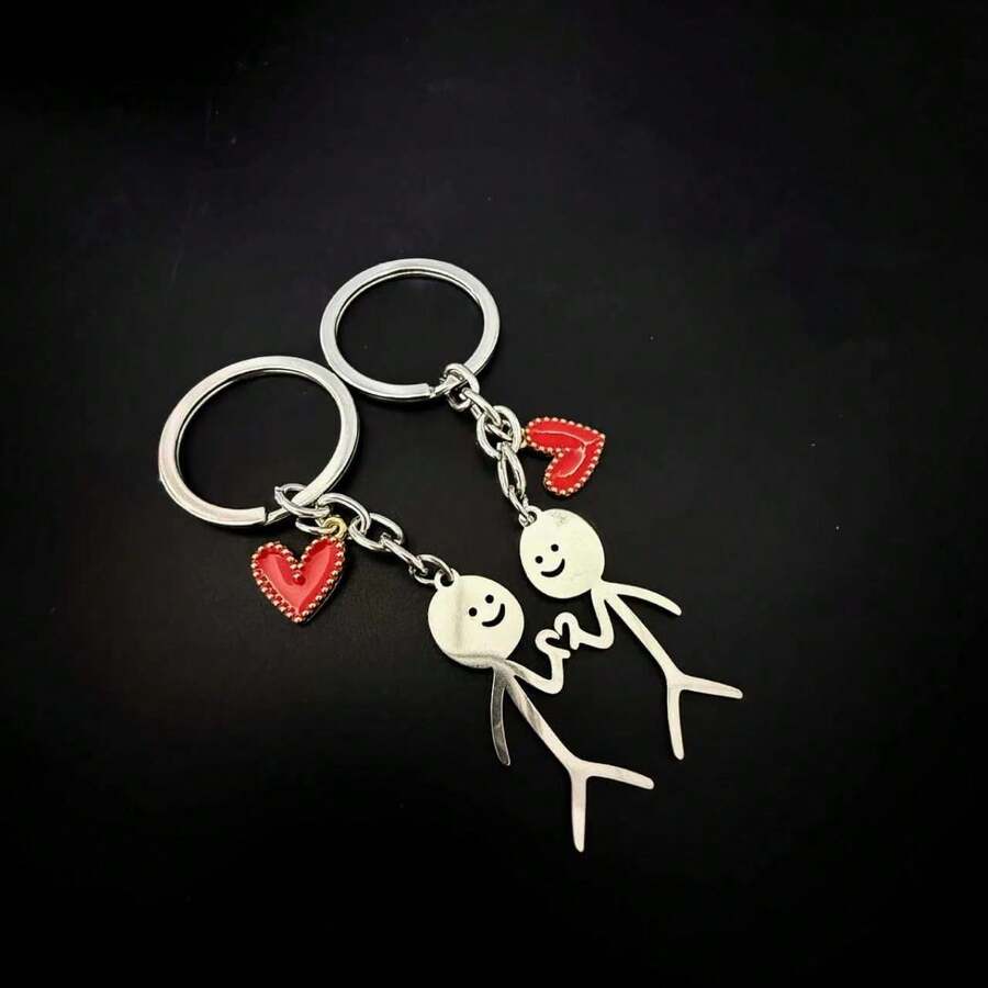 2Pcs Holiday Couple Match‑Stick Figure Keychain Set, Red Heart Alloy Bag Charm, Pendant For Backpack & Car Keys, Halloween Christmas Party Gift - Multicolor - View 1