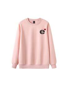 Minimalist Preppy Pink Long Sleeve Crew Neck Sweatshirt For Women, Heart & Letter Print, Loose Fit Pullover Top For Autumn/Winter - Pink - View 6