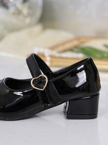 Black Shiny Heart-Shaped Buckle With A Straight Buckle, Low Thick Heel, Mary Jane Shoes, Girls' Performance Dress, Shoes - Black - View 7