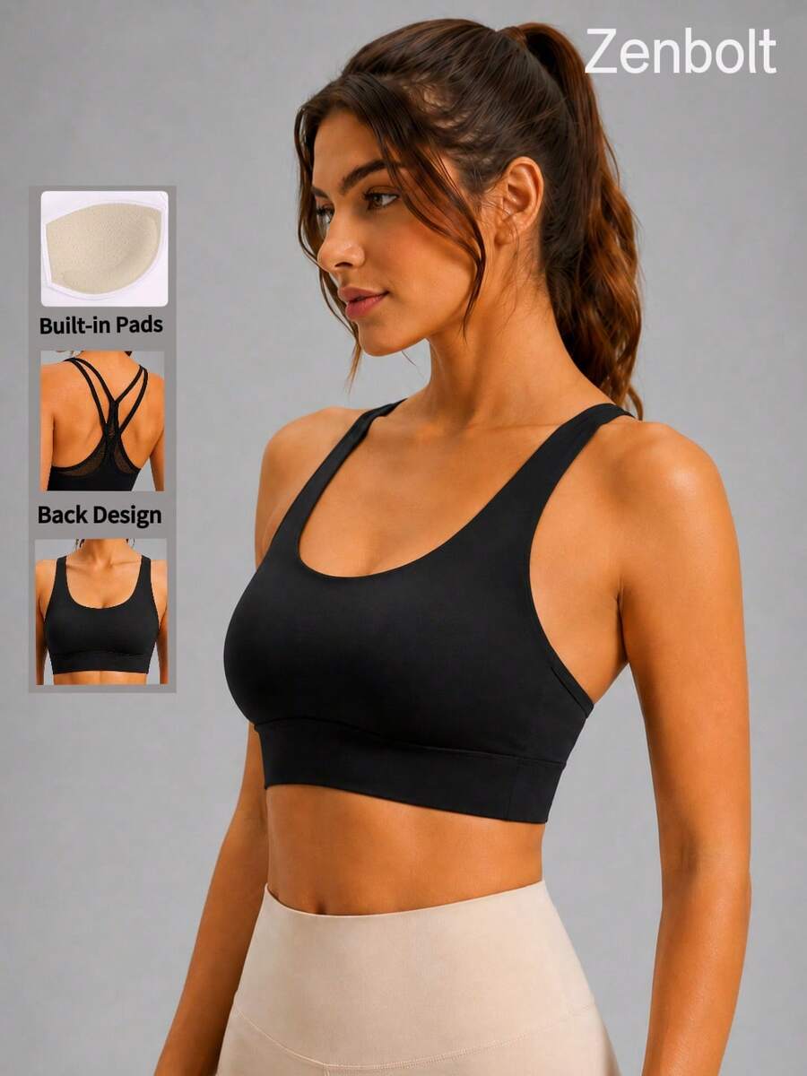ZenBolt Bra Olahraga Jala Wanita Model U-Neck dengan Tali Ganda, Bantalan Terintegrasi, Dukungan Sedang, Cocok untuk Yoga, Gym, Lari, dan Olahraga Lainnya. - Hitam - View 1