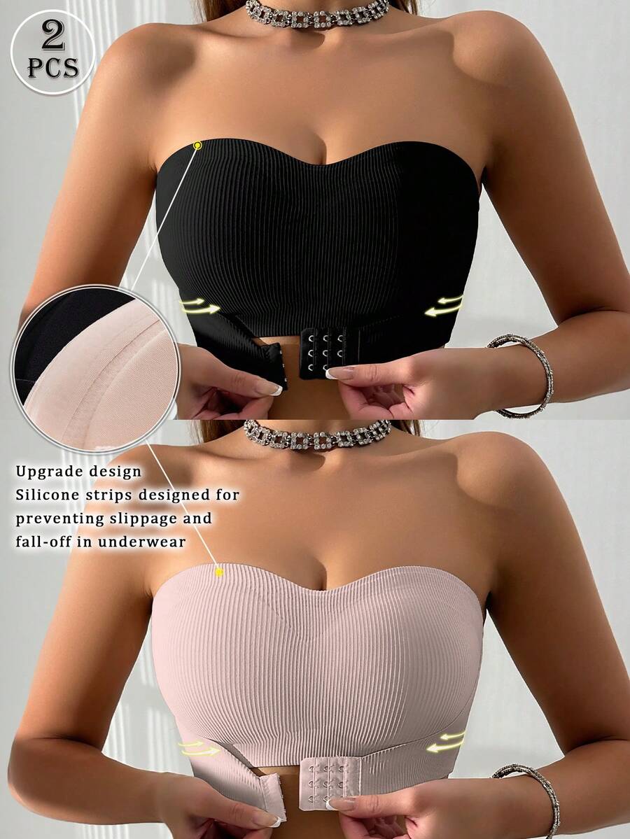 2Pcs Multi-Color Ribbed Front Closure Women Bra, Wireless Strapless Wrap Bandeau With Front Hook Padded Push Up Cups Lingerie. - Multicolor - View 1