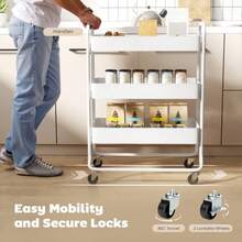 3-Tier Storage Trolley On Wheels, Rolling Utility Cart With Mesh Backets Kitchen, Bathroom, Bedroom, White On-Site - White + Metal - View 5
