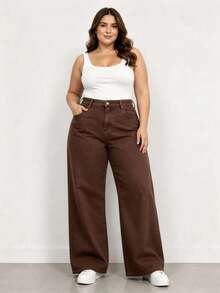 Calça Jeans Feminina Wideleg Plus Size 100% Algodão Retrô moda Blogueira - Café - Visão 1