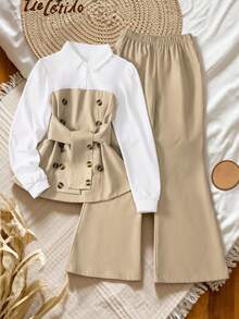 Girls' 2-Piece Preppy Style Set, 2-In-1 Long Sleeve Shirt And Flare Pants Outfit, Double-Breasted Tie Elegant Suit Set - Khaki - View 2