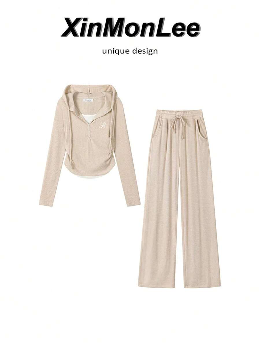 Elegant 2 Pieces Set Short Hooded 2 In 1 Knit Top With High-Waist Draped Casual Pants For Early Autumn Travel And Vacation - Apricot - View 1