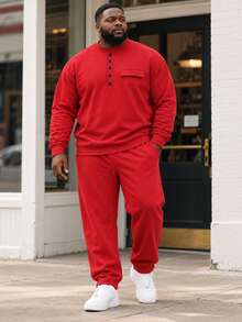 Men's Plus Size Polo Set, Autumn Long Sleeve Top And Long Pants Casual Solid Color Plus Size Men's Clothing - Red - View 1