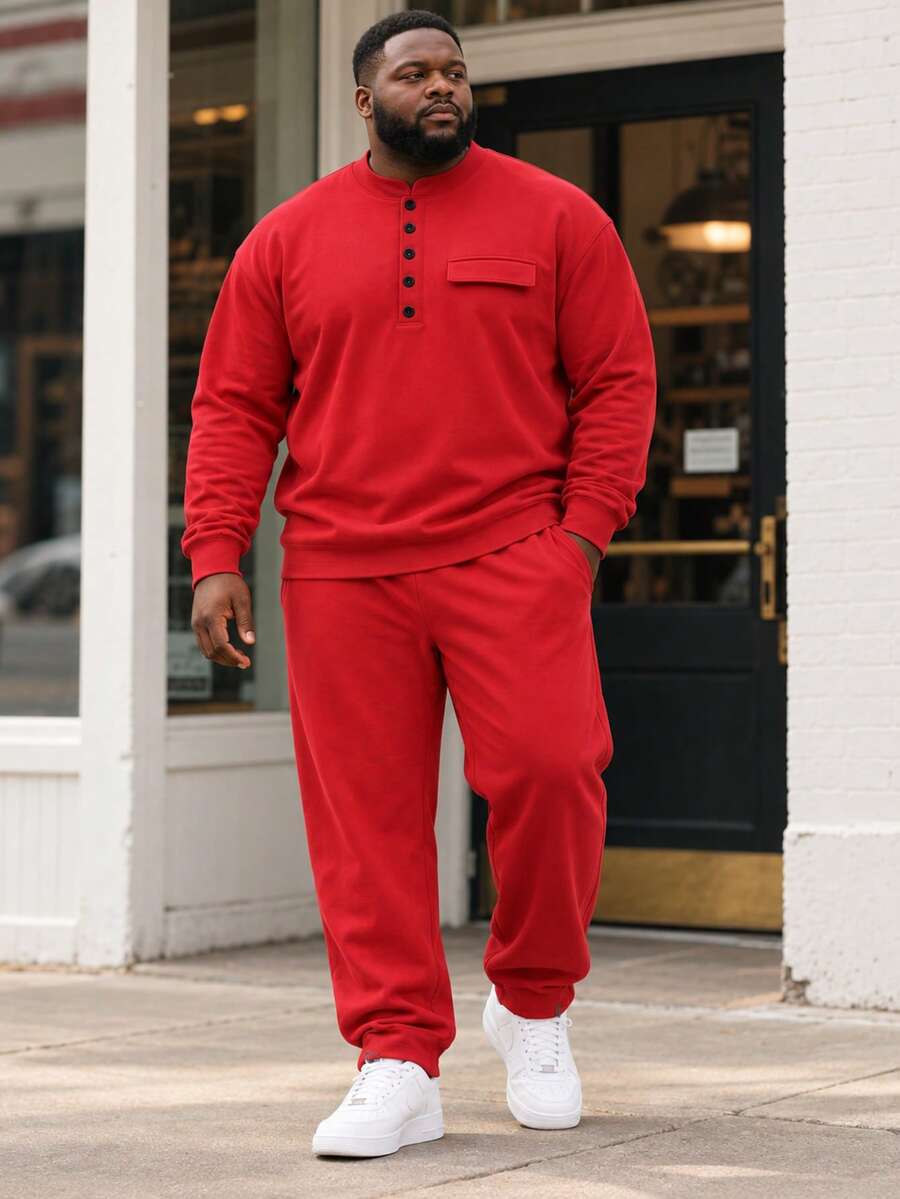 Men's Plus Size Polo Set, Autumn Long Sleeve Top And Long Pants Casual Solid Color Plus Size Men's Clothing - Red - View 1