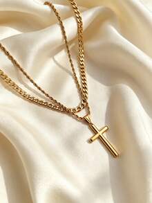 2pcs/Set Vintage Stainless Steel Gold-Plated Chain & Twisted Rope Chain Cross Necklace, Unisex, Daily Wear, Holiday Wear, Niche Luxury, Fashionable Versatile - Yellow Gold - View 2