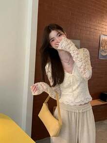 Women's Lace V-Neck Long Sleeve T-Shirt, Unique Elegant Inner Layer Top, Spring/Autumn 2026 New Style - Apricot - View 5