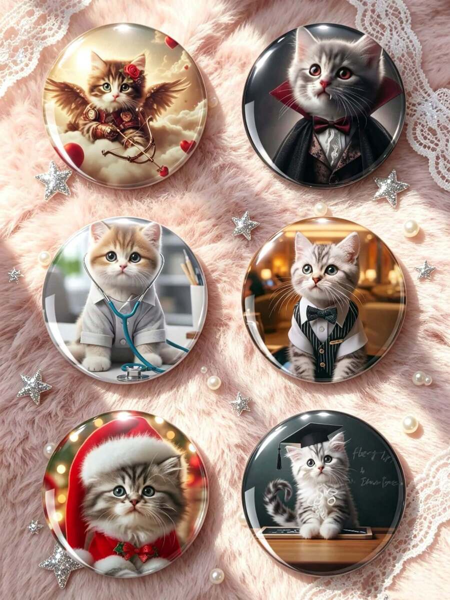 1pc/6pcs Cute Costume Kitten Button Badge, Angel Vampire Doctor Santa Graduation Cat Pins, Pet Bag Clothing Accessory, Collectible Gift For Halloween And Christmas - Multicolor - View 1