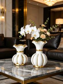 1 Piece Luxury White Gold Ceramic Vase With Wavy Gold Rim - 1PC - View 6