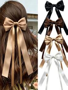 4pcs Elegant Satin Bow Hair Clips, Solid Color 12-Inch Long Tail Silk Hair Clips, Cute Autumn Wedding Party Ball Daily Wear Hair Accessories - Multicolor - View 1