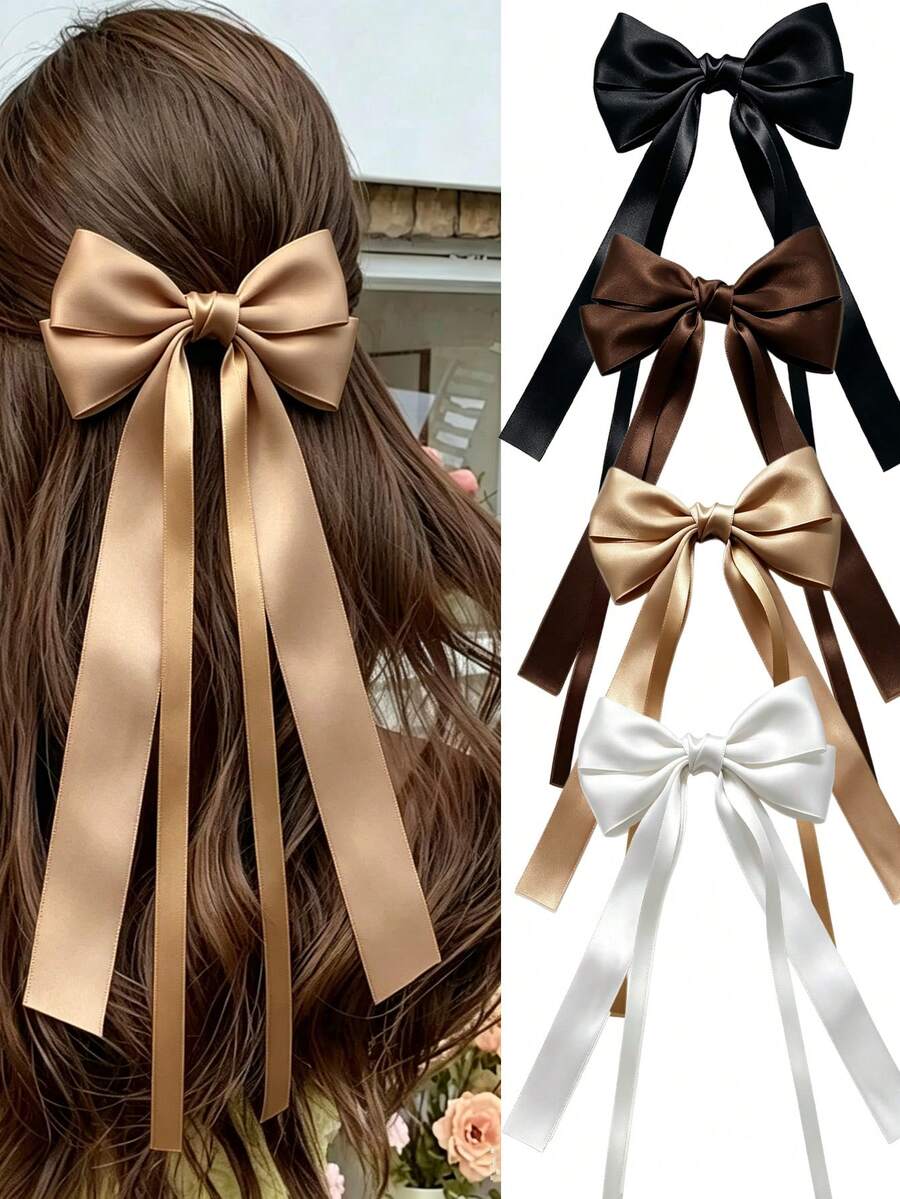 4pcs Elegant Satin Bow Hair Clips, Solid Color 12-Inch Long Tail Silk Hair Clips, Cute Autumn Wedding Party Ball Daily Wear Hair Accessories - Multicolor - View 1