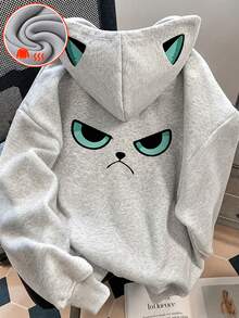 Tween Girl One-Piece Thermal-Lined Thick Warm Hooded Sweatshirt, Suitable For Young Students And Children, Long-Sleeved Tops For Autumn And Winter - Grey - View 1