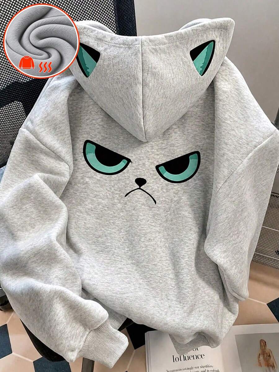 Tween Girl One-Piece Thermal-Lined Thick Warm Hooded Sweatshirt, Suitable For Young Students And Children, Long-Sleeved Tops For Autumn And Winter - Grey - View 1