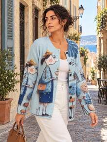 Women's Vintage Cartoon Print Cardigan, Long Sleeve Round Neck Button-Up Regular Fit Autumn Cardigan, Medium Stretch Fabric, Suitable For Winter Wear - Light Blue - View 1