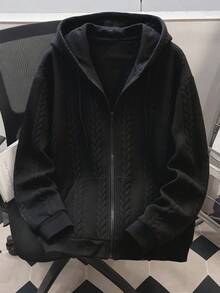 Men's Textured Jacquard Hooded Zip-Up Sweatshirt Jacket, Casual Long Sleeve Sweatshirt Top With Pockets - Black - View 2