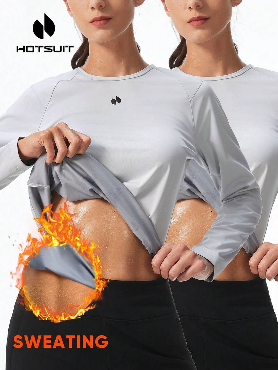 HOTSUIT 2件組女款針織長袖桑拿上衣,修身運動上衣,適合運動訓練與春季日常穿著 - 淺灰色 - 查看 1
