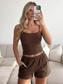 GLAMSKIN Women's Summer/Autumn Basic 2 Pieces Set, Spaghetti Strap Tank Top And Drawstring Shorts Brown Elegant - Brown - View 4