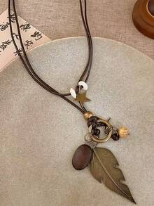 4pcs Bohemian Style Wooden & Copper Pendant Leather Cord Necklace Set, Lightweight Vintage Autumn/Winter Versatile Accessory, Perfect Gift - Multicolor - View 6