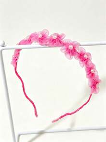 1pc Sweet Youthful Children's Hair Accessory White Pearl Flower Headband, Multi-Purpose Lace Flower Headband, Premium Children's Hair Accessory - Pink - View 4