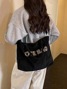 休閒簡約日常百搭手提包，人造皮革裝飾時尚斜挎包，適合上班通勤與購物 - 黑色 - 查看 4