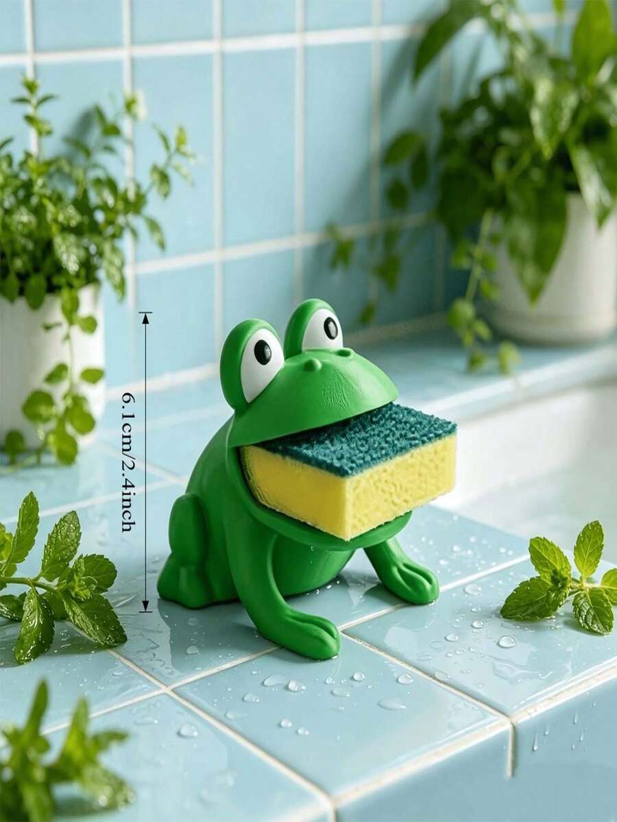 حامل فرشاة الأطباق على شكل ضفدع، رف تصريف الإسفنج، رف تخزين القماش، تصميم ضفدع لطيف مناسب لسطح المطبخ والحمام وتخزين الإسفنج والأقمشة والفرش، إكسسوار مطبخ أساسي، إكسسوارات المطبخ، رف تجفيف الأطباق