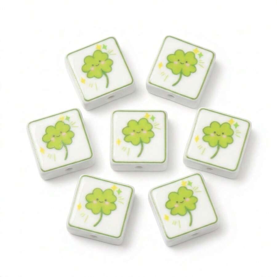 5pcs Printed Square Clover Ceramic Beads, Smiling Face Clover Pattern Square Decorative Beads, Suitable For DIY Bracelets, Necklaces And Pastoral Style Jewelry Making - Multicolor - View 1