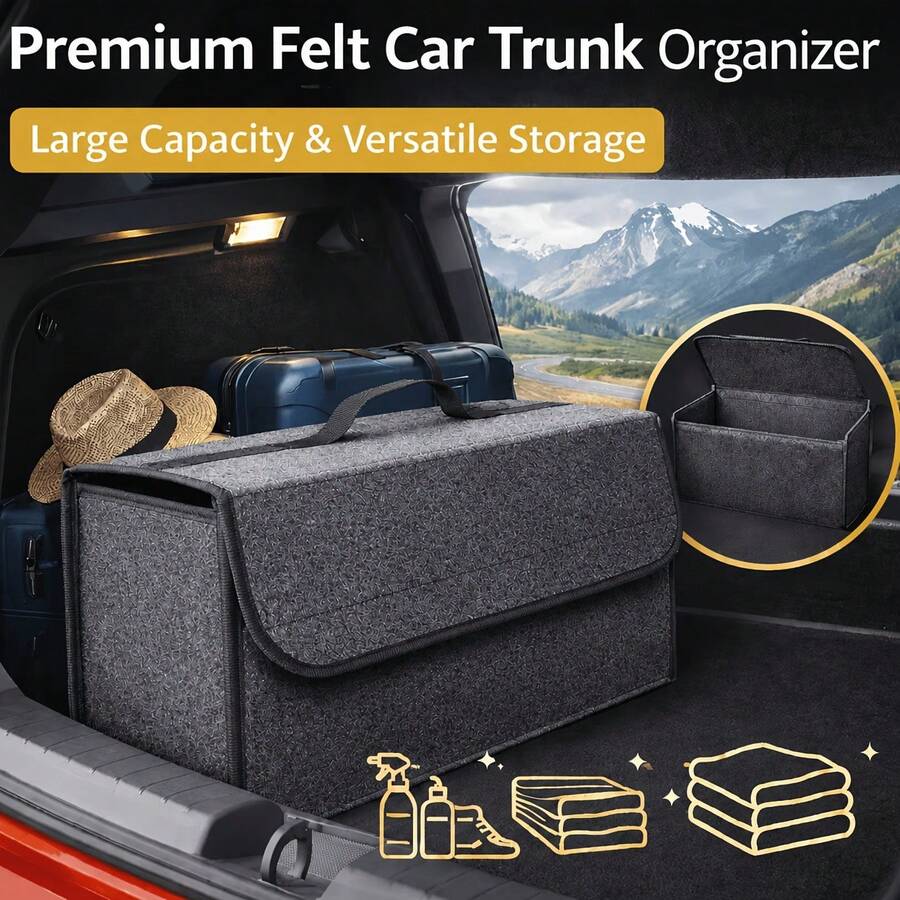Felt Trunk Organizer Box, Large Capacity Foldable Car Storage, Keeps SUV Trunk Clean & Organized, Durable Felt Material, Easy To Store, Universal Fit