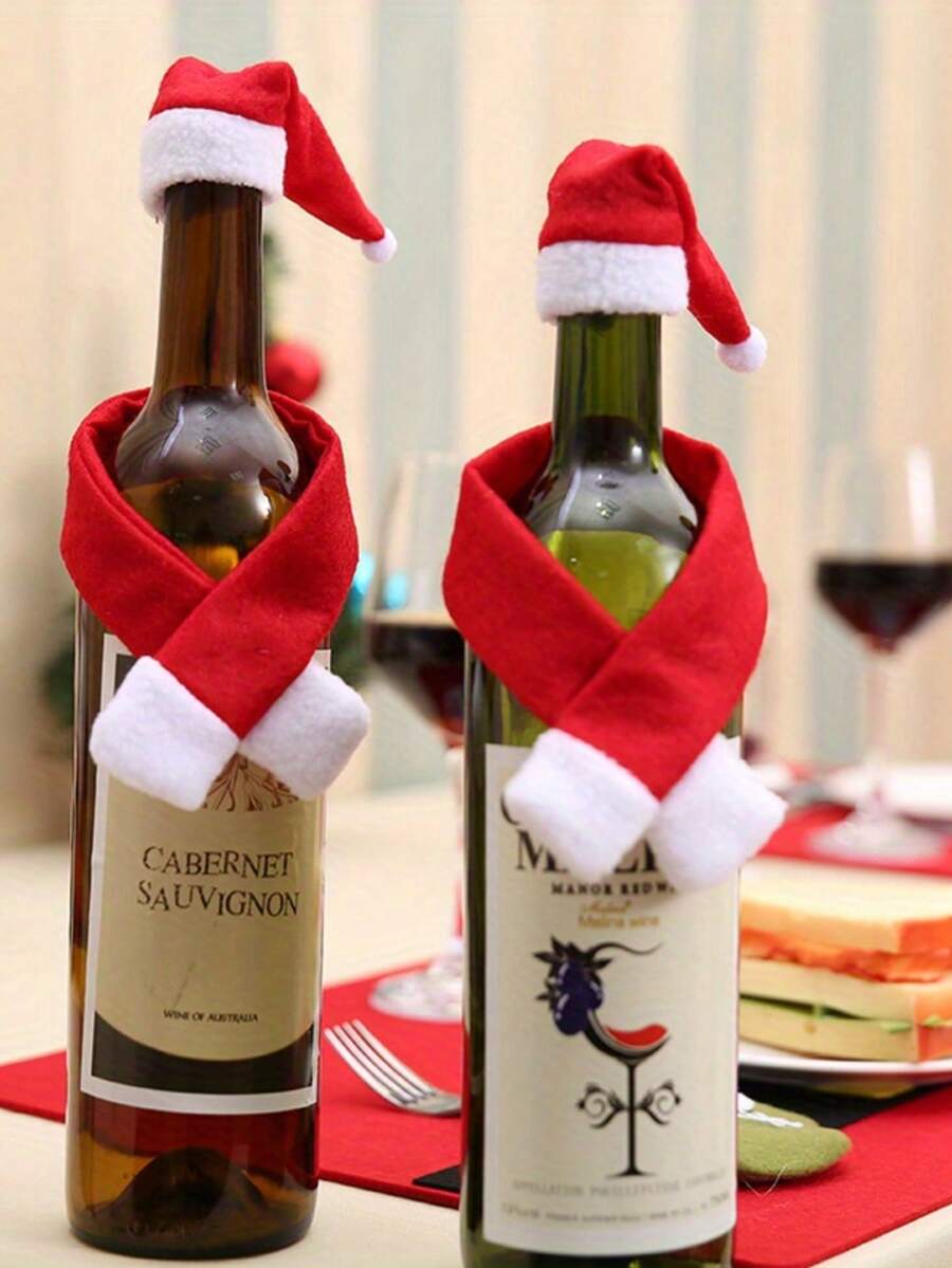 8/5/3/1pc Christmas Hat Wine Glass Decoration - Perfect For Holiday Parties And Winter Celebrations, Suitable For Christmas Events And Party Supplies, Scene Decoration, Holiday Decor, Room Decor, Home Decor, Office Decor, Theme Party Decor, Christmas Decor, Christmas Ornaments, Christmas Home Decor, Christmas Gifts, Christmas Decorations, Creative Non-Woven Fabric Christmas Wine Bottle Decoration, Christmas Hat Scarf Bottle Ornament, Holiday Home Decor Supplies
