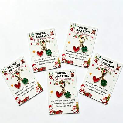5pcs/Set Keychain With Christmas Greeting Cards, Holiday Gift Pendant For Friends And Family, Cute Four-Leaf Clover Zinc Alloy Keychain, All-Year