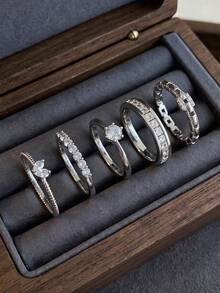 1/5pcs Luxury Cubic Zirconia Small Chain Copper Ring Set, Suitable For Women's Daily And Party Wear (Gift Box Not Included) - Multicolor - View 10