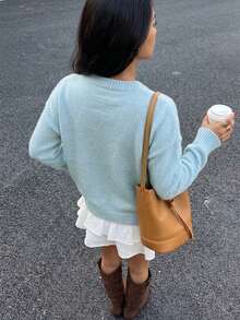 Women's Casual Cute Embroidered Knit Sweater - Blue - View 2
