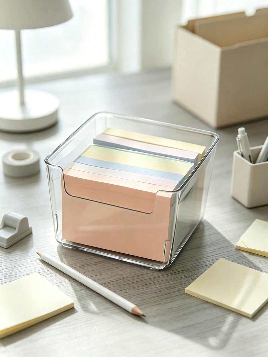 Transparent Acrylic Pen Holder - Transparent Desktop Memo Rack, Office Stationery Storage Box, Desktop Accessory Storage Box, Compact & Minimalist, Compartment Storage Box - Multicolor - View 1