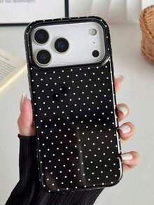 1pc Black Base White Mini Polka‑Dot Print Shockproof Phone Case, Daily Leisure Classic‑Style Protective Shell, Holiday Gift For Women Men, Compatible With IPhone 11 12 13 14 15 16 17 18 Pro Max - Multicolor - View 3