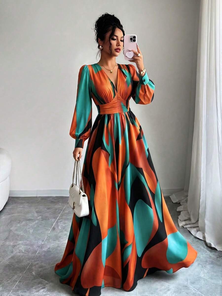 Gaun A-line wanita yang stylish dan anggun, menampilkan motif abstrak yang cerah, lengan panjang, dan pinggang yang ramping, ideal untuk tren fesyen musim gugur. - MultiWarna - View 1