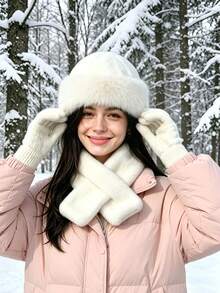 1 Set Women's Winter Bucket Hat + Plush Scarf + Knitted Full Finger Gloves Set, Warm Wool Lining, Solid Color Thick Design, Suitable For Outdoor Activities - Multicolor - View 3