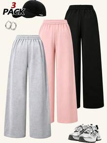 3pcs/Set Girls Wide Leg Sports Pants, Elastic High Waist Straight Leg Soft Knit Pants, Suitable For Teenage Girls, Spring/Autumn/Winter - Multicolor - View 2