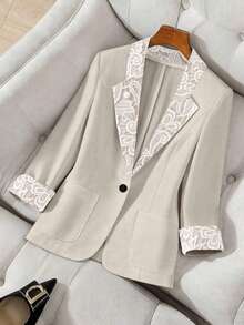 Women's Fashion Elegant Lapel Small V-Neck Cuff Contrast Lace Button Pocket Casual Commute Office Blazer Jacket Spring Autumn New Style - Apricot - View 4