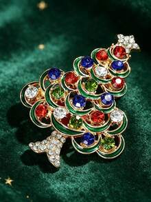 Christmas Luxury Full Rhinestone Christmas Tree Brooch, Red & Green Oil-Drip Gemstone Pin, Women's Bag Decor Accessory - Multicolor - View 9