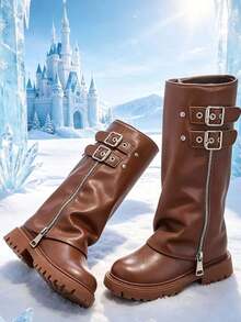 Girls' High-Top Long Boots For Autumn/Winter, Fashion Princess Performance Boots With Side Zipper, Exquisite Design, Sizes 27-37 - Brown - View 2