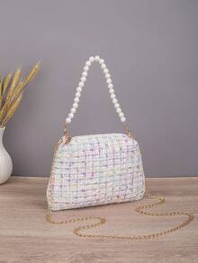 1pc Women's Pastel Tweed Evening Bag With Pearl Top Handle & Detachable Chain Strap, Elegant Mini Handbag For Party, Wedding & Date - White - View 7
