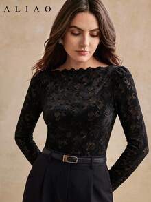 Aliao Autumn/Winter Faux Knit Lace Patchwork Cold Shoulder Long Sleeve Slim Fit Base Layer Top, Date & Party Style - Black - View 3