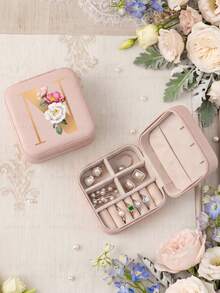 Letter PU Leather Portable Travel Jewelry Storage Box For Women, Stores Necklaces And Rings,Gift Ideas,Suitable For Home Storage And Commuting. - Flowers Letter 2 - View 84
