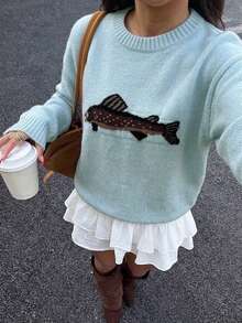 Women's Casual Cute Embroidered Knit Sweater - Blue - View 1