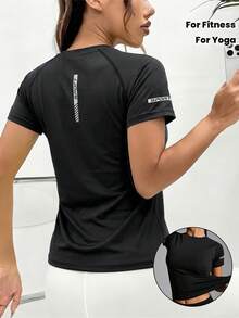 Women's Solid Color Round Neck Short Sleeve Casual Sports T-Shirt, Suitable For Fitness, Running, Daily Wear, With Personalized Prints Black Summer - Black - View 9
