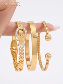 3pcs/Set 18K Gold Plated Stainless Steel Women's Stackable Bracelets, Waterproof & Anti-Oxidation, Roman Numeral Twisted Rope Design, Rhinestone Clasp, Bracelet Jewelry Set, Gift - Multicolor - View 11
