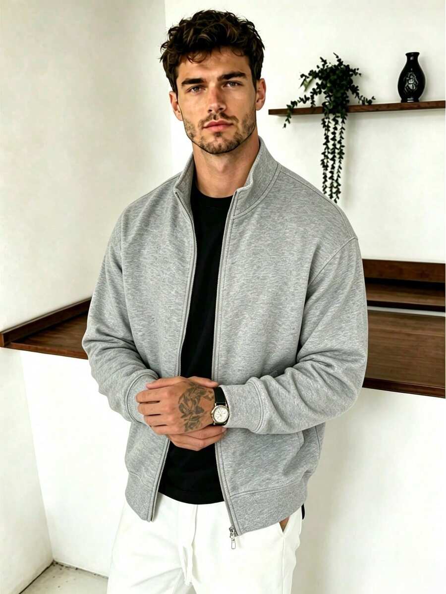 Men's Spring/Autumn Basic Gray Stand Collar Zip-Up Sweatshirt Loose ...